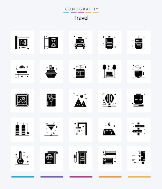 Вектор Пакет значков creative travel 25 glyph solid black, такой как пляжная сумка для ресторана, чемодан для отдыха