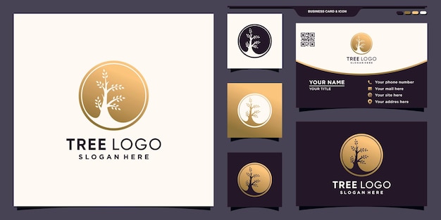 Креативный логотип в виде круга из дерева с уникальной концепцией негативного пространства и дизайном визитной карточки Premium векторы