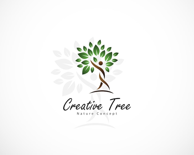 創造的な木のロゴ、ヘルスケア、人々、自然、ヨガ、デザイン、モダンな緑の休暇