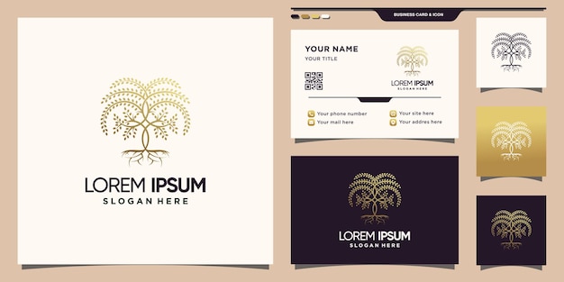 Creative tree logo with golden linear style color and business card design premium vector