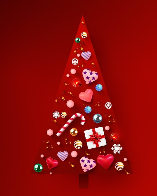 빛나는 공 색종이 사탕과 마음으로 만든 창조적 인 삼각형 크리스마스 트리 메리 크리스마스와 새해 복 많이 받으세요