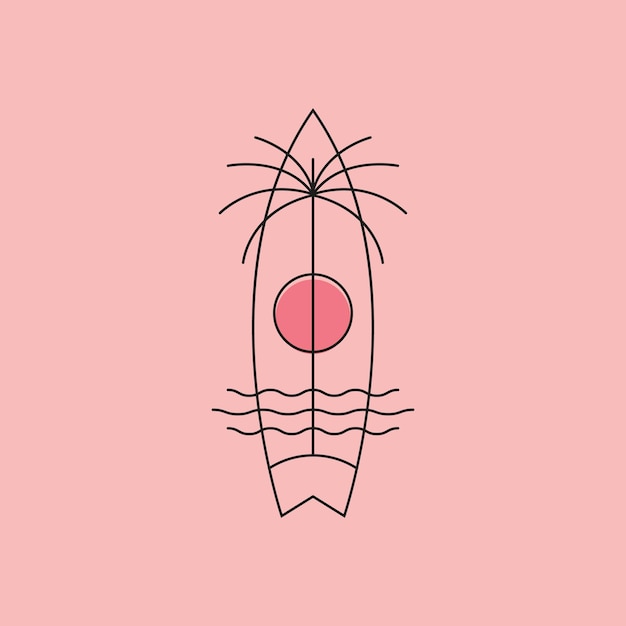 Vettore creativo tropicale surf e oceano palm line art logo design simbolo vettoriale
