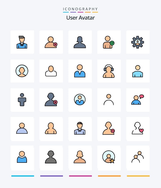 Vector creative user 25 line filled icon pack such as profile gear avatar basic user