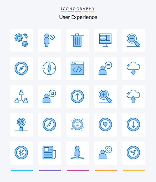 창 바구니 모니터 휴지통 확대와 같은 창의적인 사용자 경험 25개의 파란색 아이콘 팩