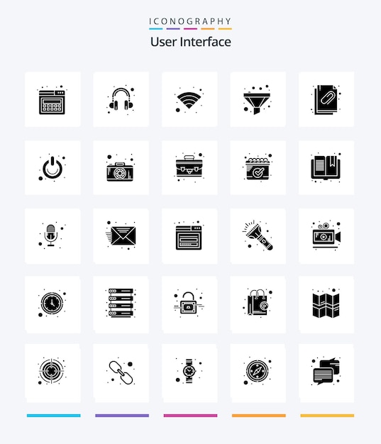 Creative User Interface 25 Glyph Solid Black icon pack Such As off file wireless document attached document