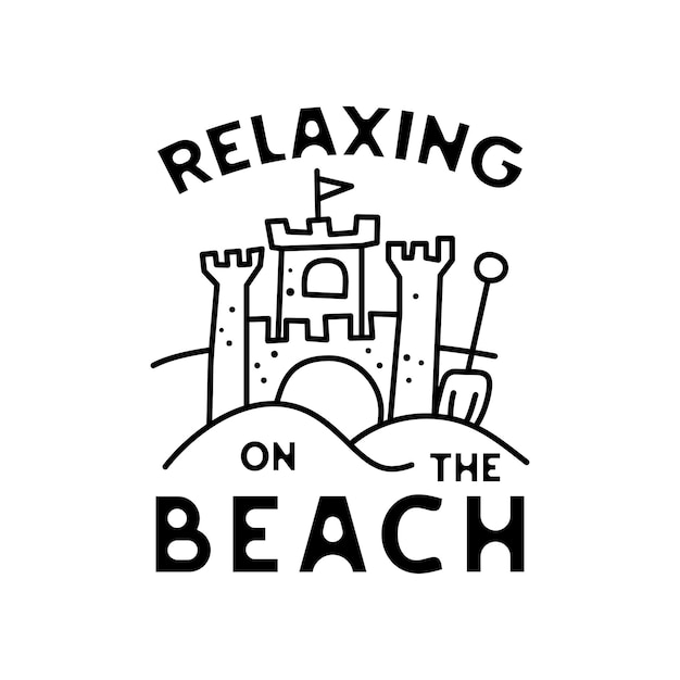 Creative vector banner with illustration of sandcastle with inflatable ball and shovel and relaxing