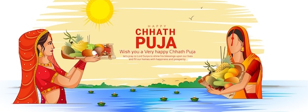 creative vector of chhath puja background with women doing prayer of god sun and bathing in river