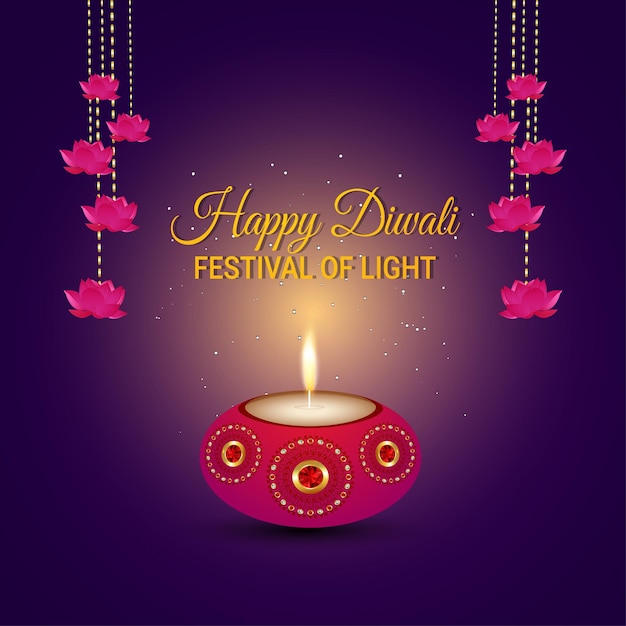 Creative vector illustration of happy diwali indian festival greeting card with diwali diya on puple background