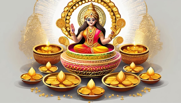 Illustrazione vettoriale creativa della festa indiana dhanteras con la dea laxmi con co d'oro