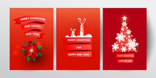 Creative vector illustration set with red Christmas decor, snowflakes