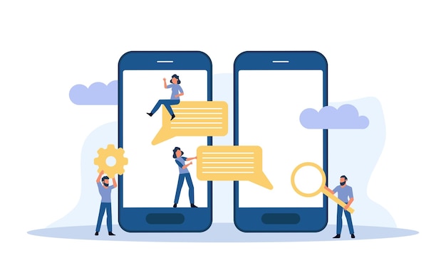 Creative vector illustration with person using a smartphone to chat with their friends