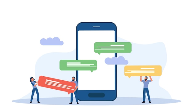 Creative vector illustration with young professional using their smartphone to chat