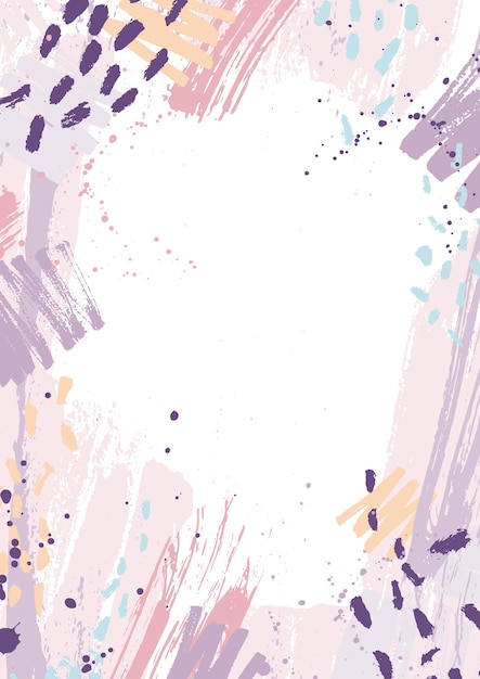 Creative vertical backdrop decorated with pink and purple pastel paint traces, blots and brush strokes on white background. Hand painted frame or border. Artistic illustration in grunge style