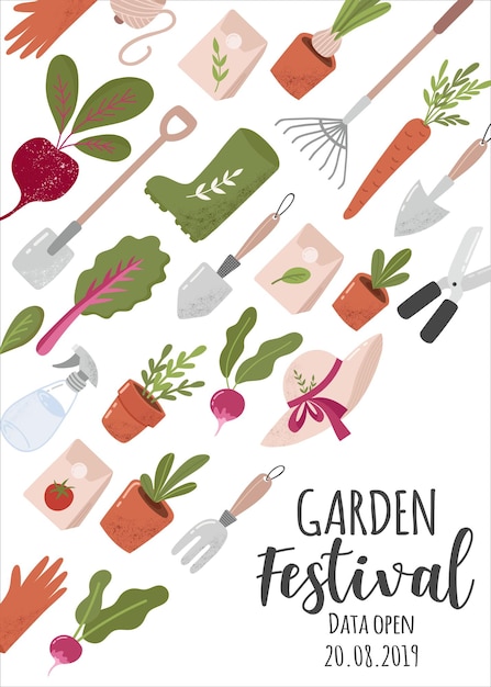 Creative vertical flyer or poster template with gardening tools and place for text for garden