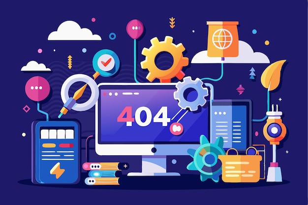 頁面未找到錯誤的創意表達 電腦顯示器周圍的各種技術元素 頁面沒有找到錯誤 404 現代技術和創新