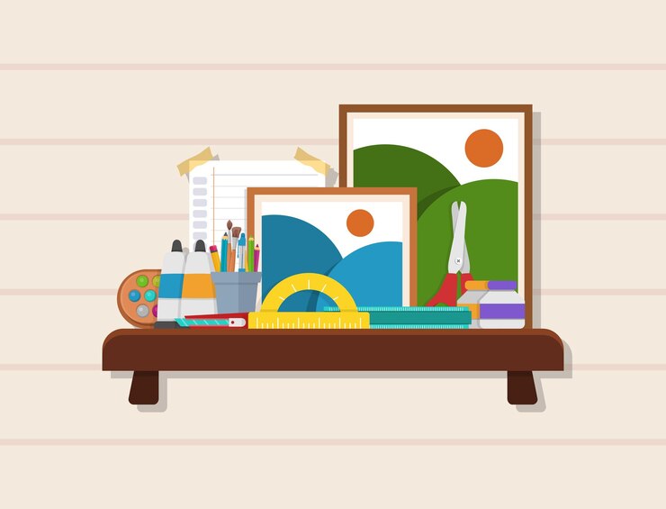 Vector クリエイティブな壁棚 絵画の道具とキャンバスのイラスト フラットデザインのスタイル