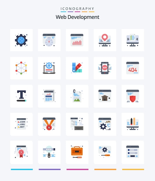 Creative web development 25 flat icon pack come l'analisi dello sviluppo web mappa internet