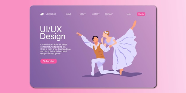 Vector creative website landing page with pair of ballet dancers in flat style