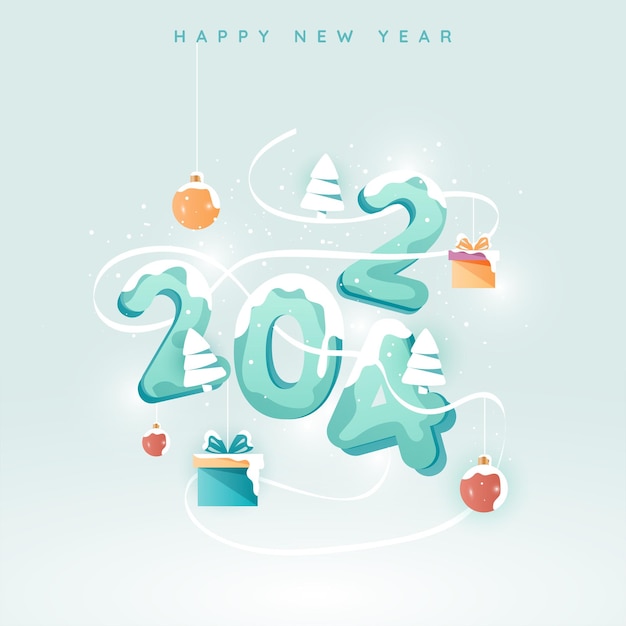 Creative winter background with snowy typography text 2024 and party elements Happy New Year