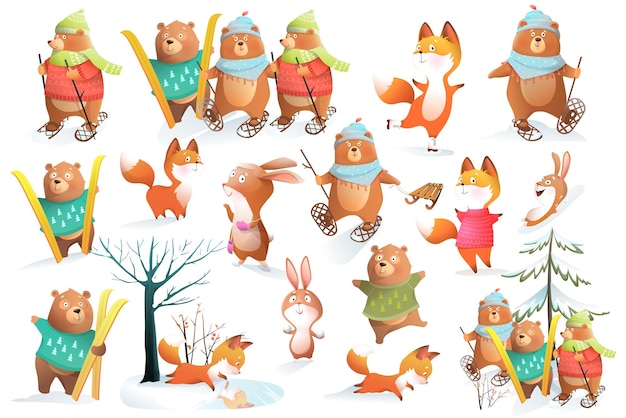 크리스마스와 시즌 인사말을 위한 크리에이 티브 겨울 숲 동물 곰 여우와 토끼 스키와 스케이팅 캐릭터는 어린이 휴가 일러스트레이션 컬렉션을 위해 격리된 클립 아트