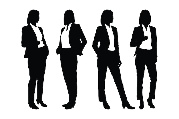 Creative woman employee and girl businessman silhouette set vector Modern businesswoman bundle with anonymous faces Female employee silhouettes wearing suits and standing in different positions