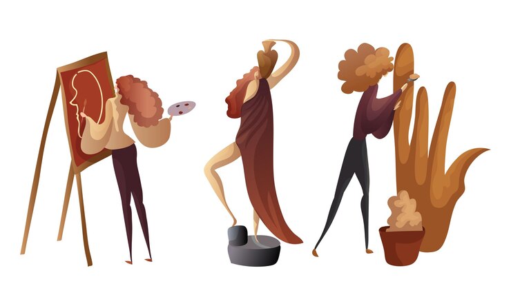 Vector creative woman engaged in handicraft drawing and making sculpture vector set
