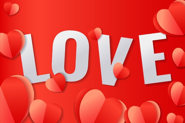 Creative word LOVE with paper hearts, 3D design. Cute banner. Bouquet card. Valentine's Day poster.