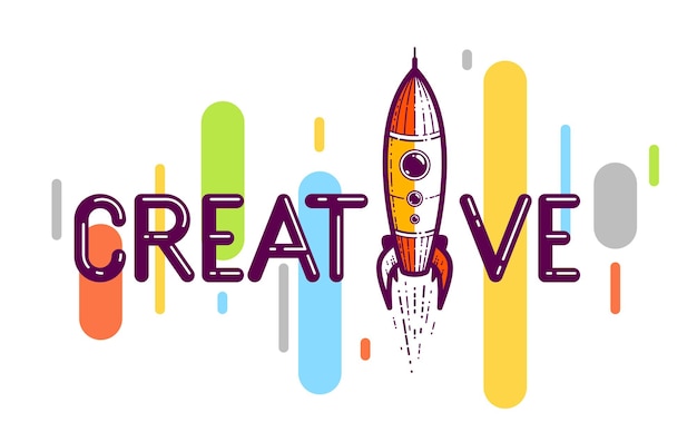 Vector creative word with rocket instead of letter i, ideas and creativity concept, vector conceptual logo or poster made with special font.