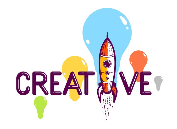 वेक्टर creative word with rocket instead of letter i, ideas and creativity concept, vector conceptual logo or poster made with special font.
