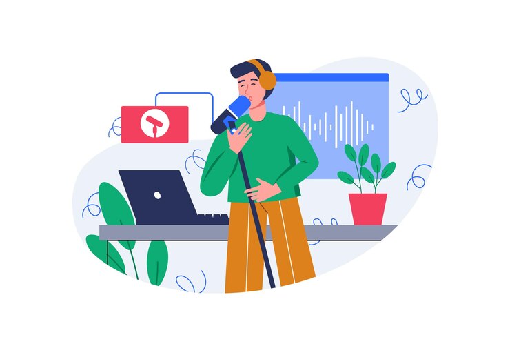 Вектор цветовая концепция творческих работников со сценой людей в мультяшном дизайне парень записывает новую песню