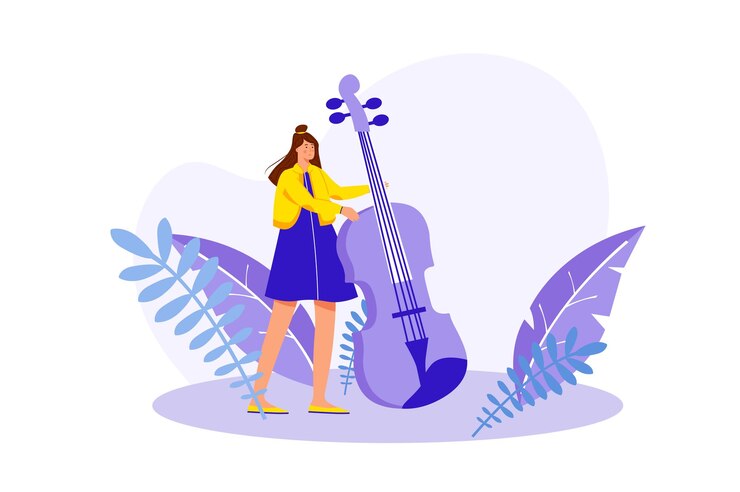 Vector creative workers concept with people scene in the flat cartoon design musician creates a new melody and tries to play it on the violin vector illustration