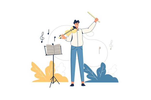 Concetto di web di lavoratori creativi. il violinista musicista si esibisce sul palco. l'uomo suona il violino, compone musica o lavora in orchestra, scena di persone minime per hobby. illustrazione vettoriale in design piatto per sito web