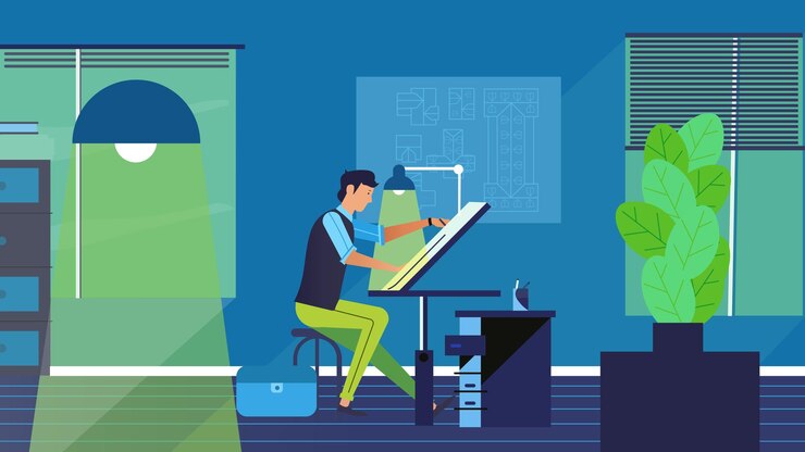 Vector creative workspace illustration of designer working on a drafting table