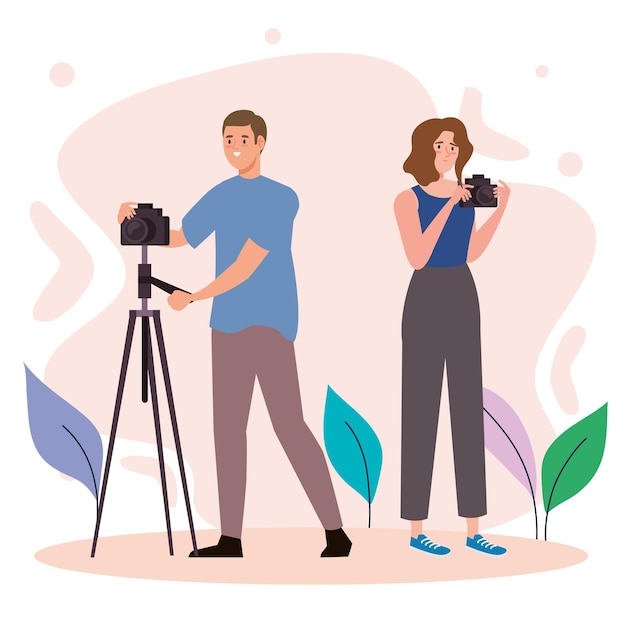 Vector creative young couple photographers characters