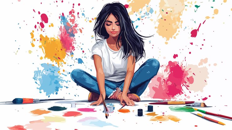वेक्टर creative young girl painting art with wide angle centered composition