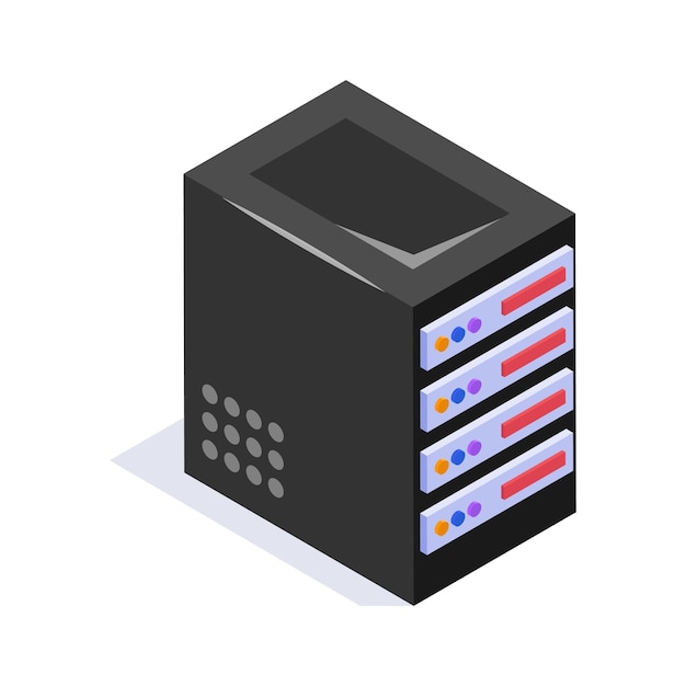 creatively crafted isometric icon of a server rack with multiple drives and indicators