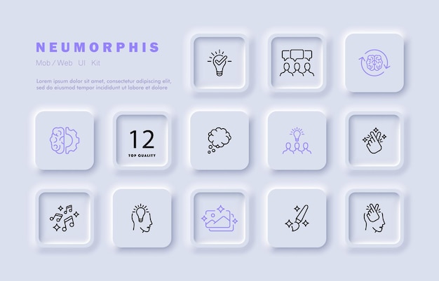 Creativiteit ingesteld pictogram Lamp idee hersenen motivatie Kheart wolk muziek notities borstel galerij instelling Innovatief denken concept Neomorfisme stijl Vector lijn pictogram voor Business en reclame
