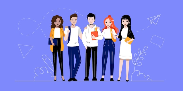 Creativity, brainstorming, innovation and teamwork concept. group of successful business adherents people or students is standing in a row together. cartoon linear outline flat vector illustration.