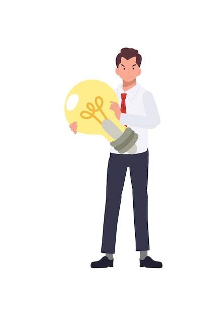 Creativity concept businessman holding a big light bulb flat vectot cartoon illustration