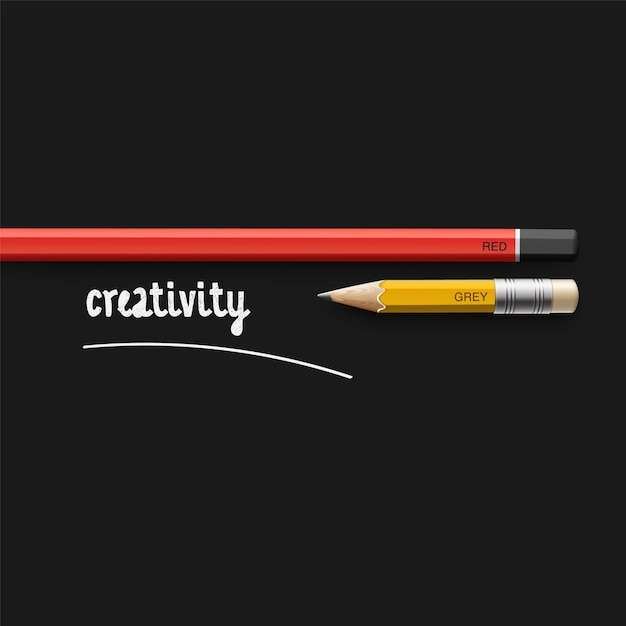 ベクトル 創造性の概念、2 つの鉛筆、黒の背景に大小。ベクトル図