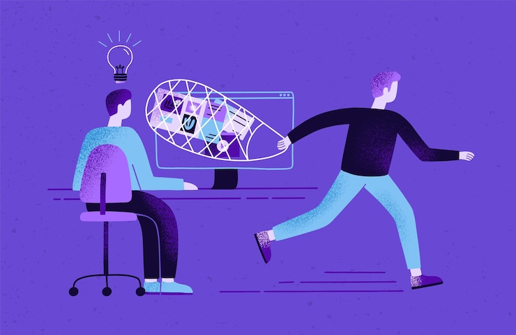Vector creator sitting at desk and working and plagiarist or pirate stealing his ideas, content, work results