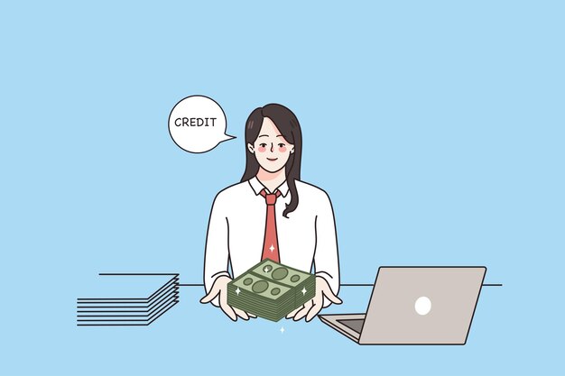 Credit approval and finance concept smiling woman bank worker sitting at laptop and giving money credit to client looking at camera vector illustration