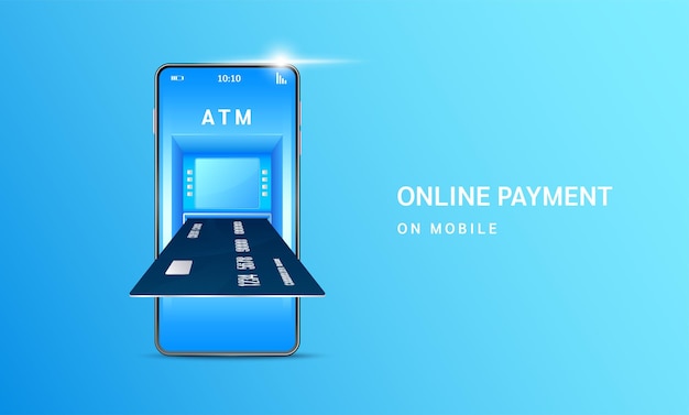 Vettore trasferimenti di denaro con carta di credito atm transazioni finanziarie smartphone con app di pagamento online per smartphone bank mockup concetto finanziario bancario mobile sicuro su vettore di sfondo blu