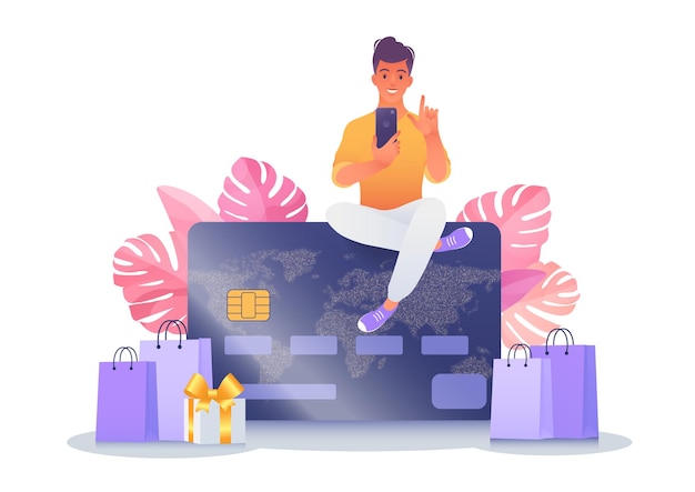 Credit card or contactless payment concept illustration of man using smartphone shopping online