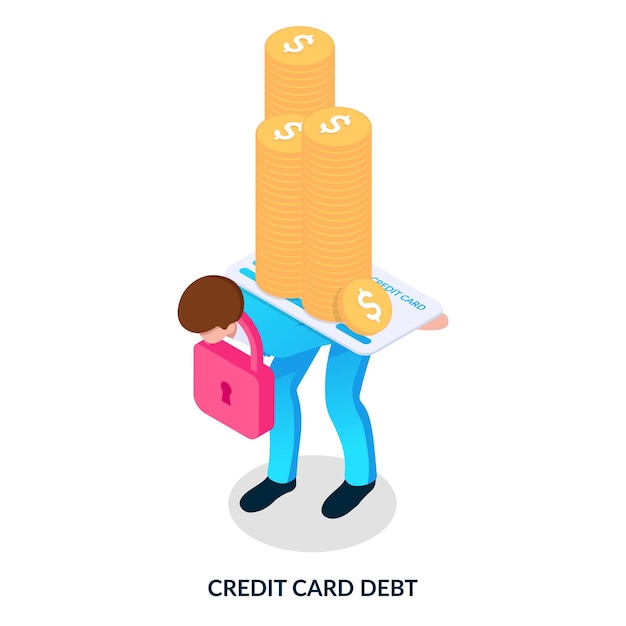 Vector credit card debt concept unwise bank loans inability to pay heavy debts isometric vector illustration on white background