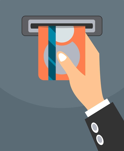 Кредитная карта из слота банкомата. концепция использования терминала банкомата. проталкивание кредитной карты в банкомат.