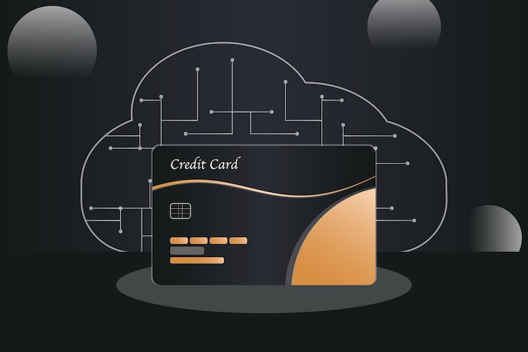 Vector credit card is shown on cloud computing background