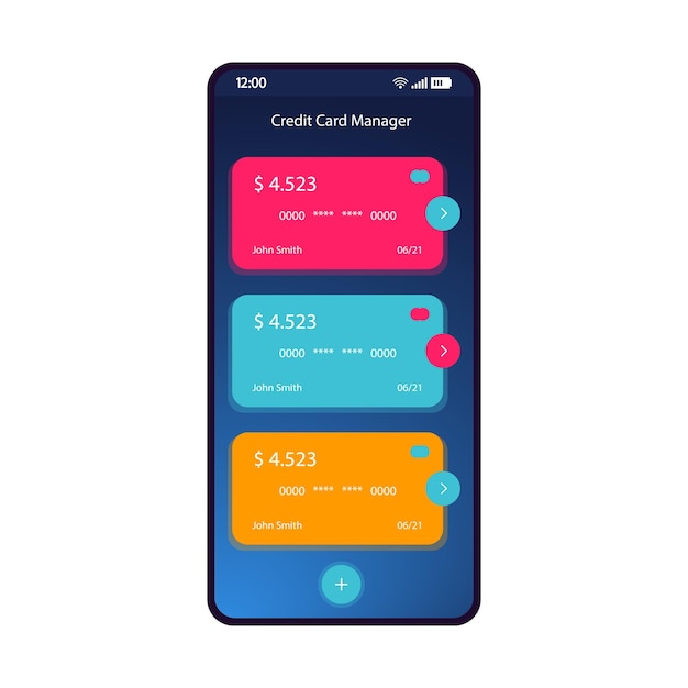 Векторный шаблон интерфейса смартфона менеджера кредитных карт