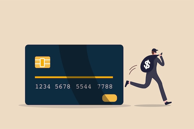 Credit card online hacking, online hacking or financial robbery concept, young mysterious thief with dark black robbery running with big bag with dollar sign money sign from credit card online payment