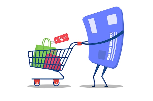 Vector credit card pulling shopping trolley vector illustration.